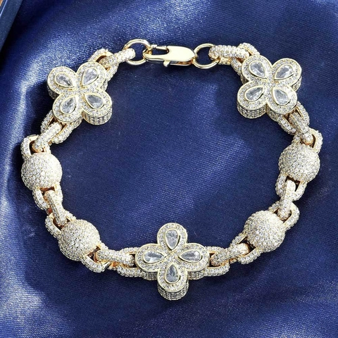 Hip Hop Iced Out Zirconia Copper Bracelet For Men Luxurious Four Leaf Clover Bubble Bead Chain Gold Silver Unisex Jewelry