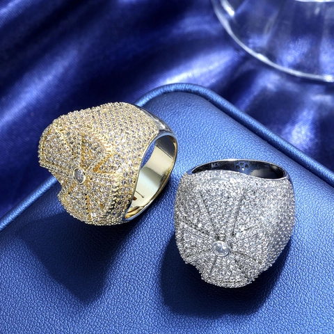 Lusso Hip Hop Iced Out Croce Anello Rame Ottone AAA Zirconia Placcato Oro Vero Retro Uomo Gioielli Punk Streetwear Anello Largo