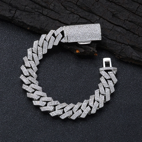 Bracciale Cuban Link Hip Hop da Uomo Largo Pavé Zirconia Rame Rombo Tre File Catena Gioielli per Streetwear Festa