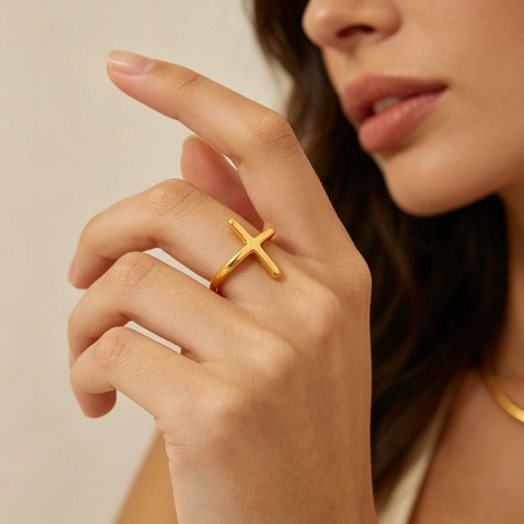 Minimalist Cross Ring 18K Gold Plated Stainless Steel Adjustable Thin Band Geometric Finger Jewelry For Women