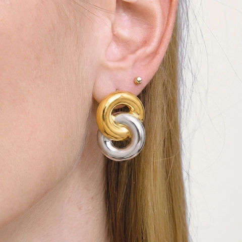 Pendientes De Botón De Aro Entrelazados Minimalistas Bicolor Oro Plata Acero Inoxidable Impermeable Hipoalergénico