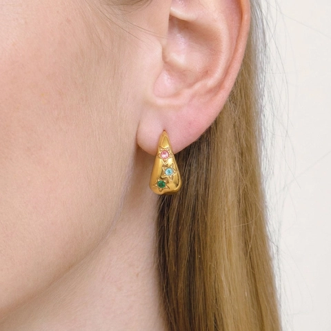 Vintage French Retro Geometric U Shaped Hoop Earrings With Star Inset Colorful Zircon 18K Gold Plated Stainless Steel
