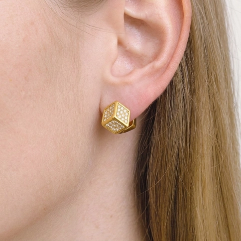 Geometric Cube Huggie Earrings Stainless Steel Gold Plated Cubic Zirconia Waterproof Hypoallergenic For Women
