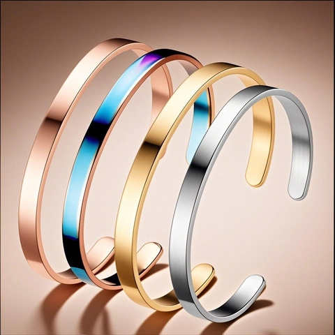 Stainless Steel C-Shaped Open Bangle Adjustable Bracelet For Women Gold Silver Black Rose Gold Rainbow Minimalist Jewelry Gift