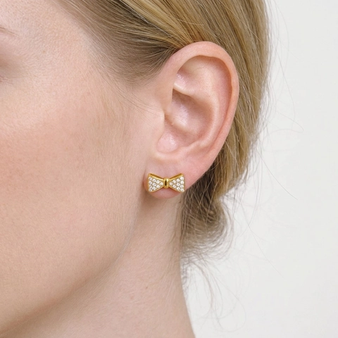 Elegant Bowknot Stud Earrings For Women 304 Stainless Steel Rhinestone Gold Plated Waterproof Hypoallergenic Delicate Jewelry