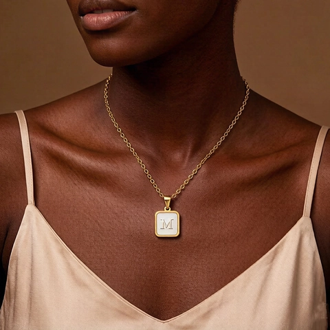 Stainless Steel Initial Necklace With Square Mother Of Artificial Pearl Shell Pendant 18K Gold Plated Capital Letter Jewelry For Women
