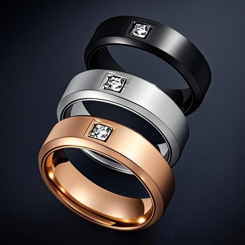 Anello a Fascia in Acciaio Inossidabile con Strass da Donna di Lusso Stile Francese con Pietra Quadrata Gioielli alla Moda Regalo