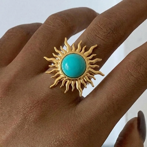 Sunburst Turquoise Stainless Steel Earrings And Adjustable Ring Vintage Bohemian Gold Plated Water Resistant Jewelry