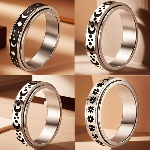 Edelstahl Spinner Ring Für Angstabbau Vintage Stern Mond Muster Rotierender Bandring Unisex Meditation Schmuck Stressabbau Geschenk