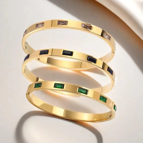 Stainless Steel Rectangular Zirconia Bangle For Women 18K Gold Plated Fashion Waterproof Light Luxury Bracelet Jewelry
