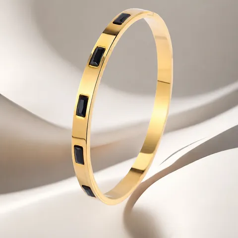 Stainless Steel Rectangular Zirconia Bangle For Women 18K Gold Plated Fashion Waterproof Light Luxury Bracelet Jewelry