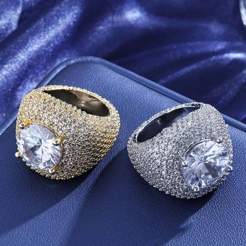 Luxus Hip Hop Herren Iced Out Kupfer Ring Mit Großen Runden Zirkonia Micro Pave Gold Silber Farbe Bling Schmuck Party Geschenk