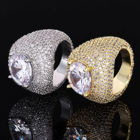 Luxus Hip Hop Herren Iced Out Kupfer Ring Mit Großen Runden Zirkonia Micro Pave Gold Silber Farbe Bling Schmuck Party Geschenk