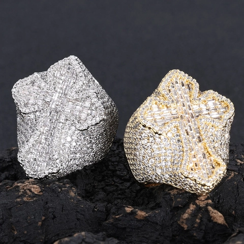 Anello Croce Hip Hop per Uomo Donna Ghiacciato Zirconia Fascia in Rame Oro Argento Placcato Gioielli Geometrici Anello Dito Regalo