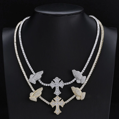 Collana Hip Hop in Rame Con Pendente a Croce e Mani in Preghiera Per Uomo Catena Tennis Zirconia Oro Argento Gioielli