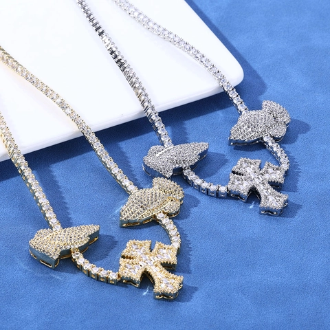 Collana Hip Hop in Rame Con Pendente a Croce e Mani in Preghiera Per Uomo Catena Tennis Zirconia Oro Argento Gioielli