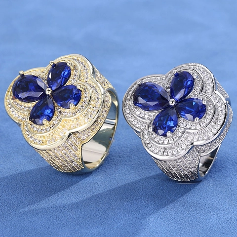 Anillo de Cobre y Zirconia de Lujo con Trébol Hip Hop Forma de Flor con Pedrería Incrustada Joyería de Dedo Unisex