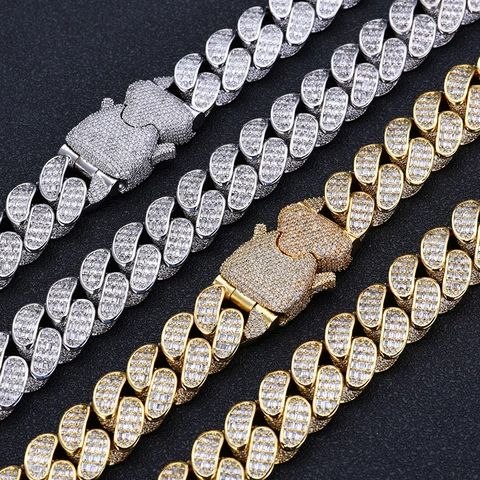 Ensemble de Bijoux Chaîne à Mailles Cubaines en Zirconia Baguette Hip Hop Collier Bracelet en Cuivre Plaqué Or Argent Accessoires Iced Out