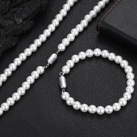 Hip Hop Artificial Pearl Necklace Bracelet Jewelry Luxury Stainless Steel Clasp Choker For Women Men Daily Accessory