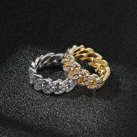 Anello Hip Hop Placcato Oro Rame Catena Cubana Con AAA Zirconia Iced Out Singola Fila Anello da Dito per Uomo Gioielli