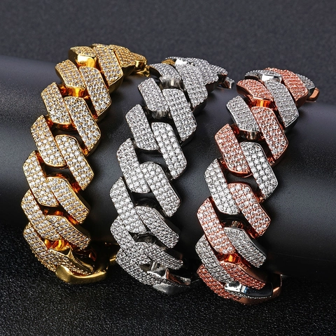 Conjunto de Joyas Hip Hop Rombo Cuban Link Para Hombres Mujeres Cobre Circonia Galvanizado Collar Pulsera Joyería De Moda