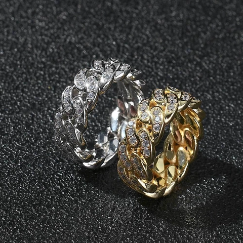 Anello Hip Hop Placcato Oro Rame Catena Cubana Con AAA Zirconia Iced Out Singola Fila Anello da Dito per Uomo Gioielli