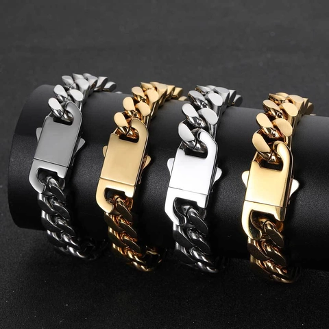 Bracelet Maillon Cubain Hip Hop pour Hommes Acier Inoxydable Plaqué Or 18K Chaîne Épaisse Accessoire Bijoux Mode Urbaine