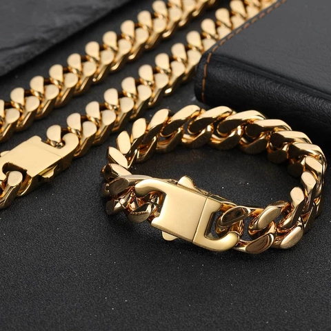 Bracelet Maillon Cubain Hip Hop pour Hommes Acier Inoxydable Plaqué Or 18K Chaîne Épaisse Accessoire Bijoux Mode Urbaine