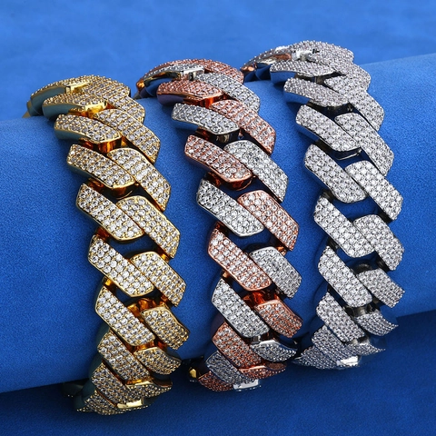 Conjunto de Joyas Cadena Cubana Hip Hop Cobre Zircón Iced Out Collar Y Pulsera para Hombre Mujer Joyería Oro Plata