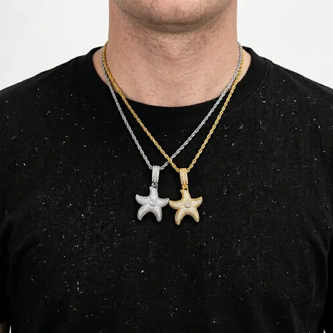 Collana con Ciondolo a Stella Marina Iced Out Hip Hop Rame Zirconia Stile Marino Per Uomo Donna Gioielli Fashion