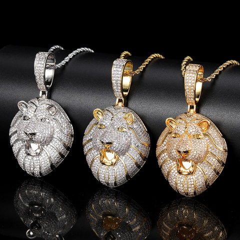 Collana Con Pendente Testa di Leone Hip Hop in Rame Placcato Oro Vero Zirconia Micro Intarsiata Gioielli da Uomo Catena a Corda