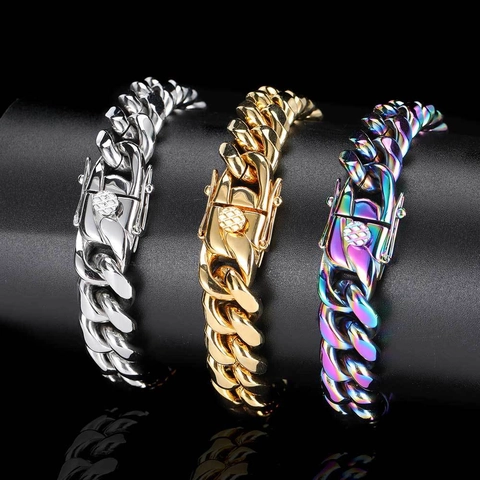 Bracciale a Maglia Cubana in Acciaio Inossidabile Hip Hop Uomo Donna Placcato Oro Argento Catena Pesante Gioielli Streetwear