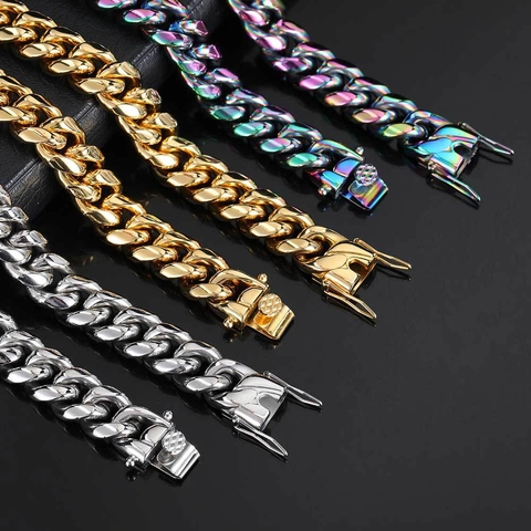 Bracciale Hip Hop Catena Cubana in Acciaio Inossidabile per Uomo Oro Argento Placcato Fibbia Drago Catena Pesante Gioielli Moda