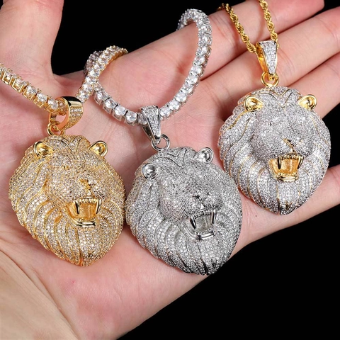 Hip Hop Iced Out Lion Head Pendant Necklace Copper Zirconia Inlaid Electroplated Jewelry Gold Silver Colors For Men