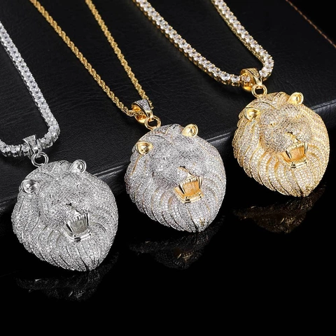 Hip Hop Iced Out Lion Head Pendant Necklace Copper Zirconia Inlaid Electroplated Jewelry Gold Silver Colors For Men