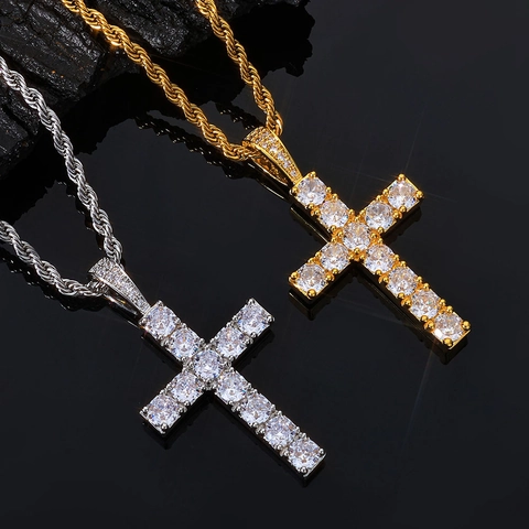 Collier Pendentif Grande Croix Hip Hop Pour Hommes Cuivre Incrustation Zirconia Iced Out Collier Croix Bijoux
