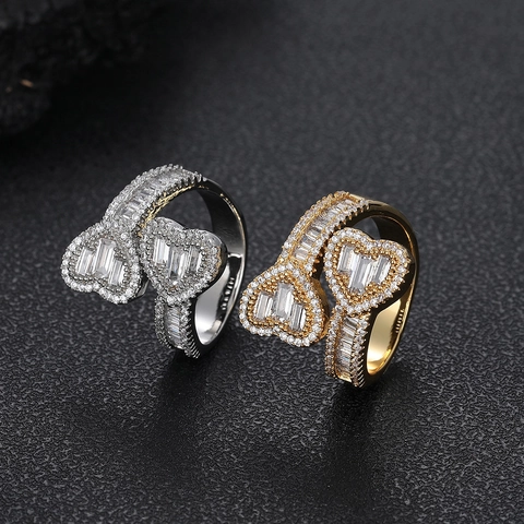 Hip Hop Iced Out Heart Ring For Women Men Baguette Zirconia Gold Silver Plated Toi Et Moi Bypass Finger Ring Jewelry
