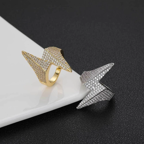 Hip Hop Iced Out Lightning Bolt Ring For Men Women Copper AAA Zircon Micro Inlaid Gold Silver Plated Geometric Jewelry