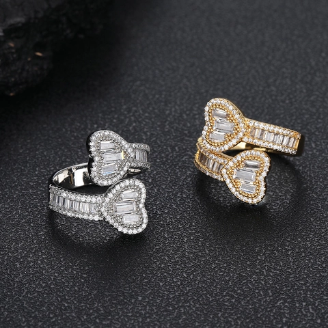 Hip Hop Iced Out Heart Ring For Women Men Baguette Zirconia Gold Silver Plated Toi Et Moi Bypass Finger Ring Jewelry