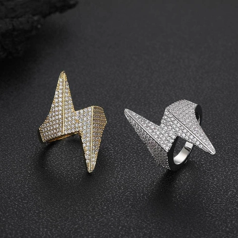 Hip Hop Iced Out Lightning Bolt Ring For Men Women Copper AAA Zircon Micro Inlaid Gold Silver Plated Geometric Jewelry