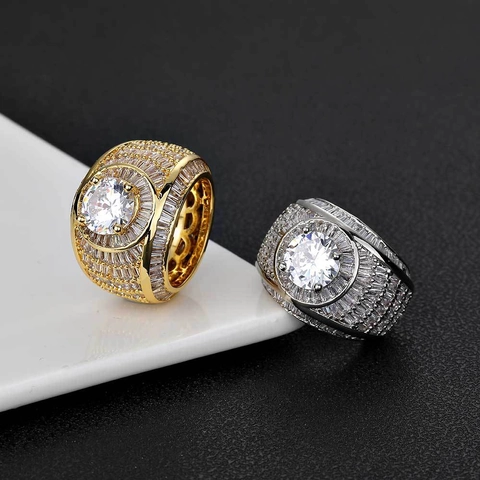 Hip Hop Herren Ring Kupfer Echtgold Galvanisiert Luxus Großer Runder Zirkon Baguette Stein Mikro Eingelegt Punk Streetwear Schmuck Ring