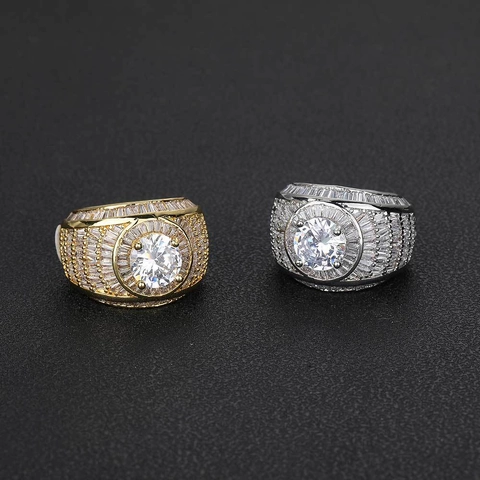 Hip Hop Herren Ring Kupfer Echtgold Galvanisiert Luxus Großer Runder Zirkon Baguette Stein Mikro Eingelegt Punk Streetwear Schmuck Ring