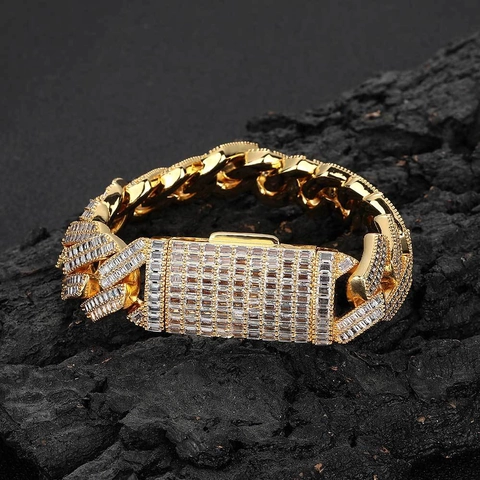 Hip Hop Cubaanse Schakel Armband Voor Mannen Iced Out Baguette Zirconia Koper Zware Pavé Stenen Ketting Luxe Sieraden Cadeau