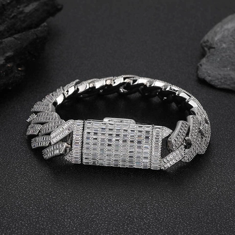 Hip Hop Cubaanse Schakel Armband Voor Mannen Iced Out Baguette Zirconia Koper Zware Pavé Stenen Ketting Luxe Sieraden Cadeau