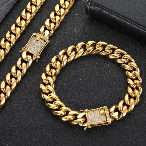Bracciale da Uomo a Maglia Cubana in Acciaio Inossidabile Hip Hop Chiusura con Zirconia Pavé Gioielli Placcati in Oro e Argento