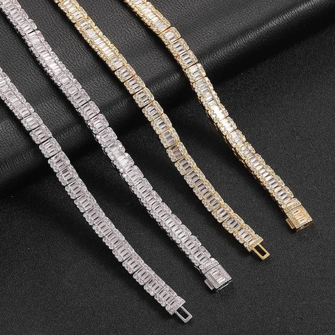 Hip Hop Baguette-Schliff Zirkonia Tennis-Halskette Und Armband Kupfer Iced Out Schmuck Für Herren Damen Gold Silber Ton