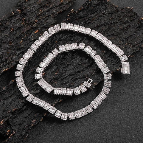 Collana Hip Hop Lussuosa in Rame con Zirconia Baguette Micro Pavé Iced Out Gioielli Moda Uomo Catena Tennis per Feste