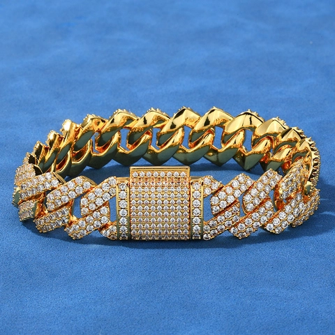 Pulsera de Eslabones Cubanos Hip Hop para Hombre con Doble Fila de Circonia Rombo Cobre Joyería de Lujo Regalo Color Oro Plata
