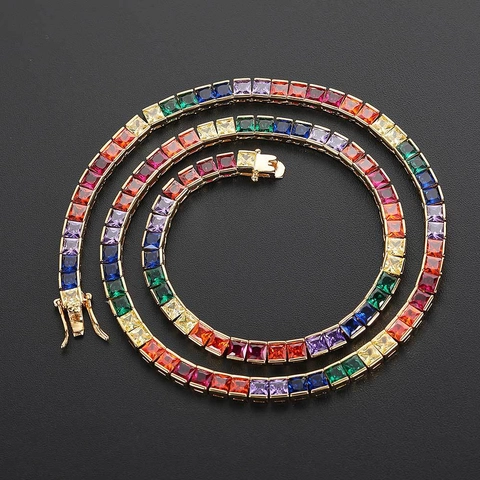 Hip Hop 4mm Rainbow Square Zirconia Tennis Chain Necklace For Men Women Copper Gold Platinum Plated Geometric Jewelry Gift