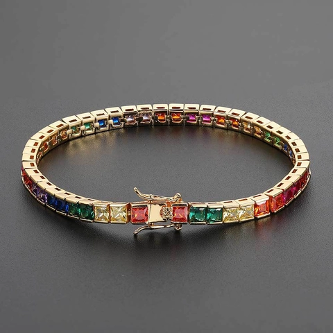 Hip Hop Heren 4mm Regenboog Vierkante Zirconia Tennis Armband Koper Goud Zilver Verguld Meerkleurig Sieraden Voor Feest